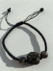 Adjustable String Bracelet - Silver Sheen Obsidian Paw