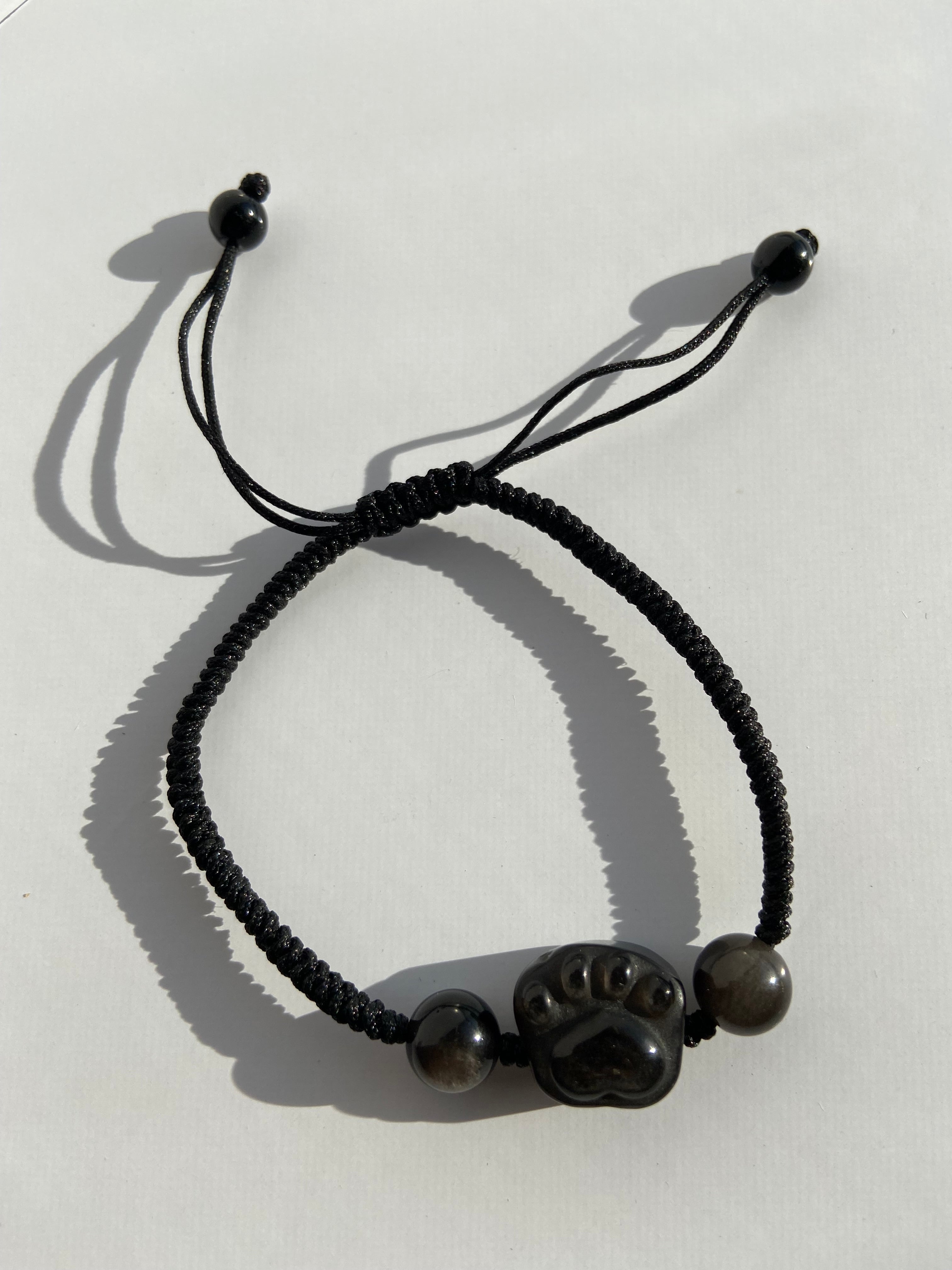 Adjustable String Bracelet - Silver Sheen Obsidian Paw